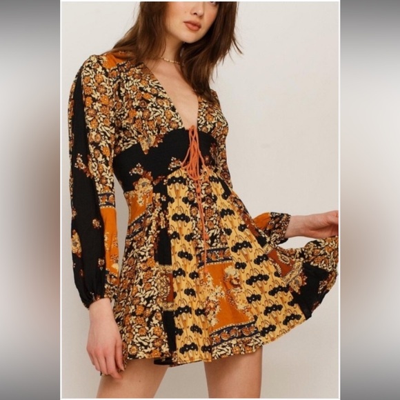 Free People Dresses & Skirts - Free People Black and Mustard Patchwork Floral Long Sleeve Mini Dress